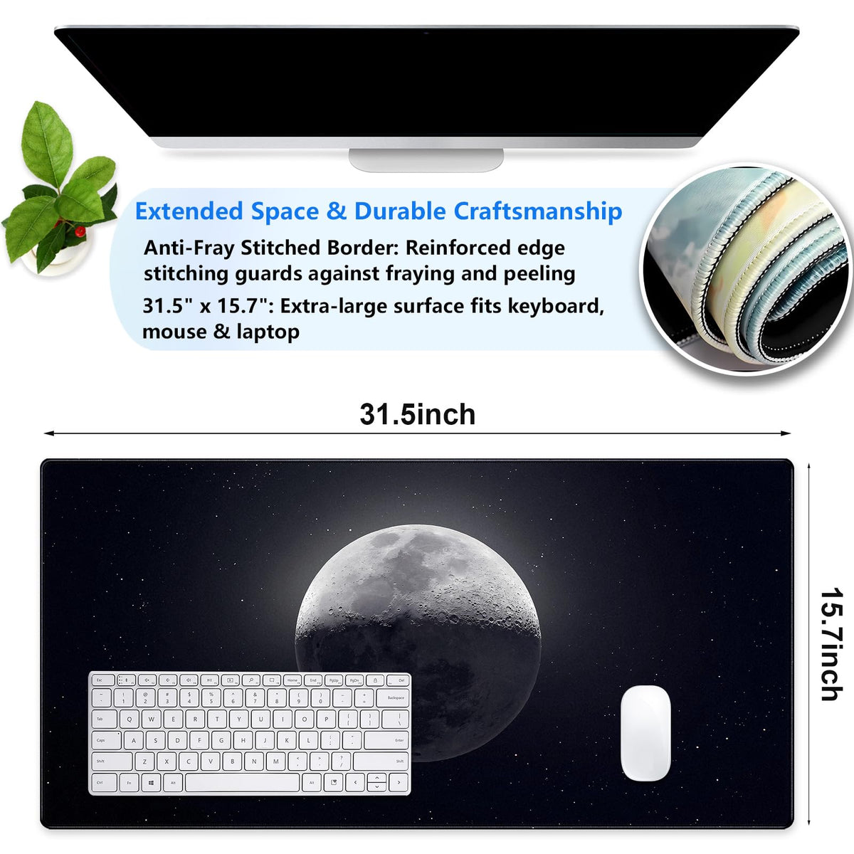 Black Moon Desk Mat, Astronomy XXL Large Gaming Mouse Pad 31.5x15.7 in