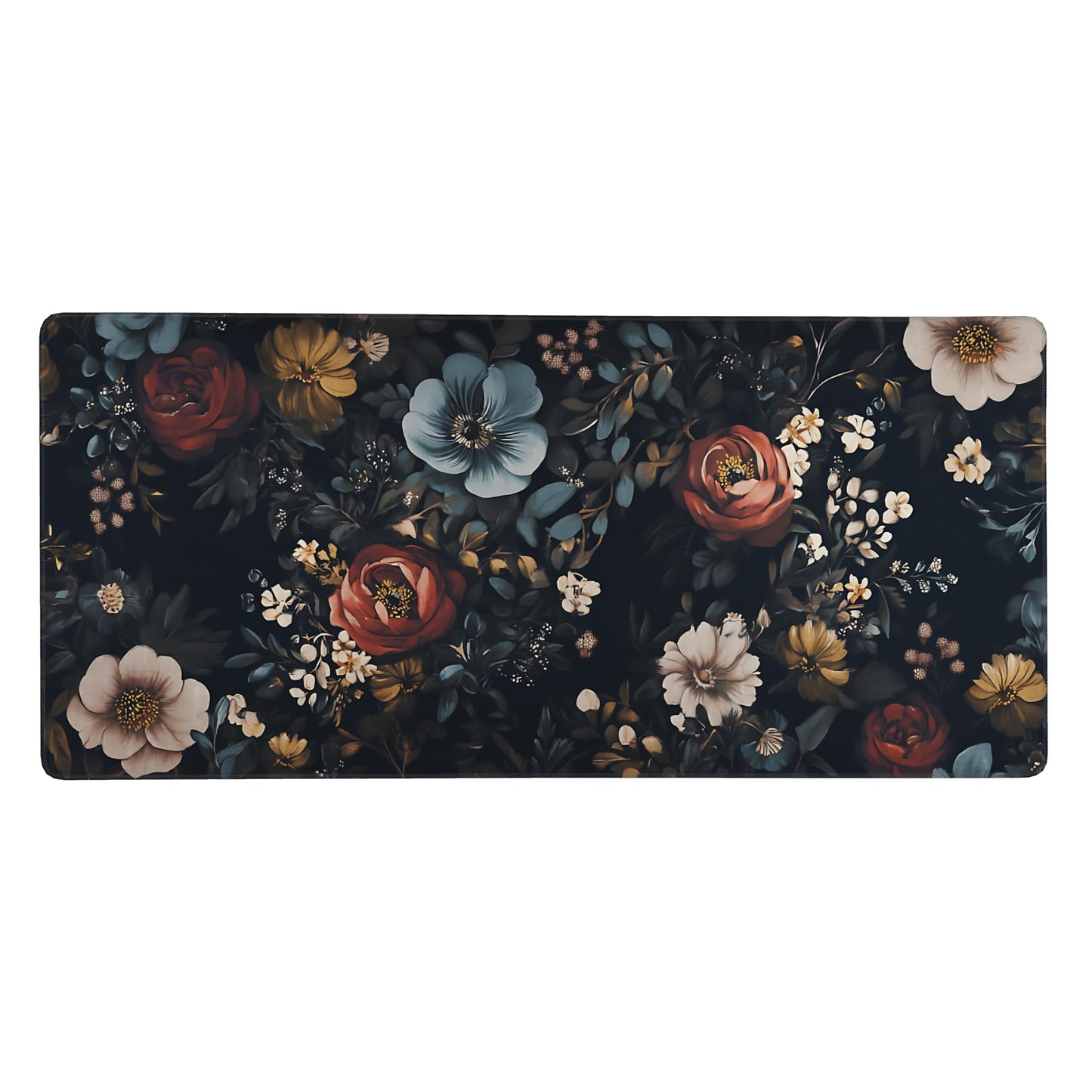 Floral Aesthetic Rose Gaming Mouse Pad, Black Dark Botanical Desk Mat with Anti-Slip Base &