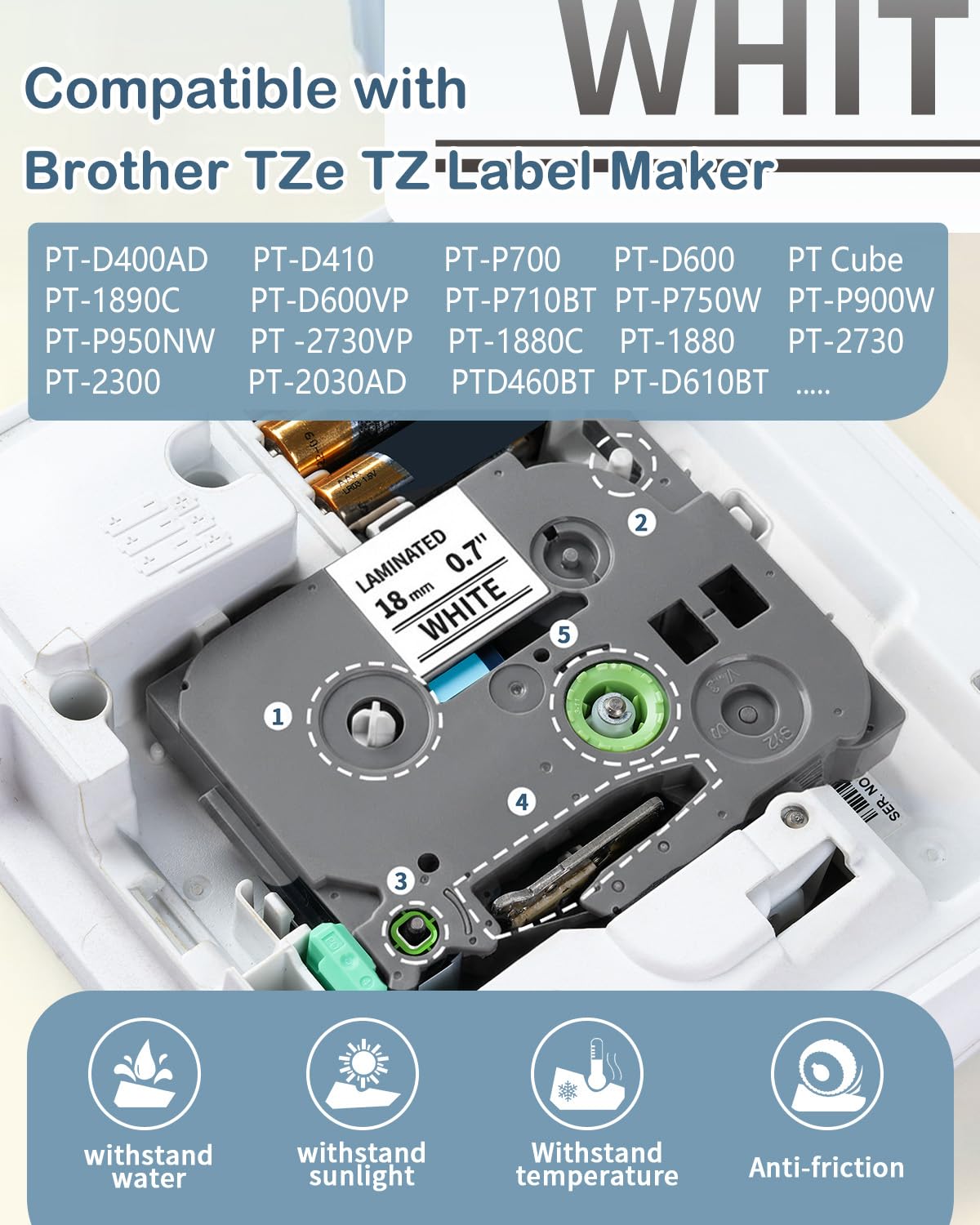 Label Maker Tape Compatible with TZ Tape 18mm 0.7'' Laminated White TZe-241