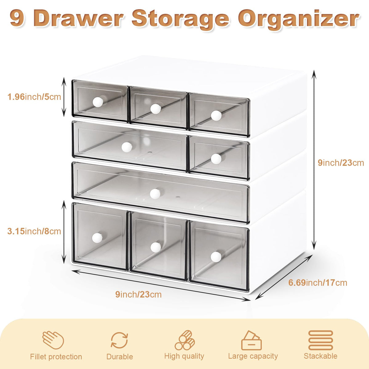 MYKASEN Desk Organizer with 9 Drawers, 4 Tier Plastic Stackable Storage Drawers for Desk Storage