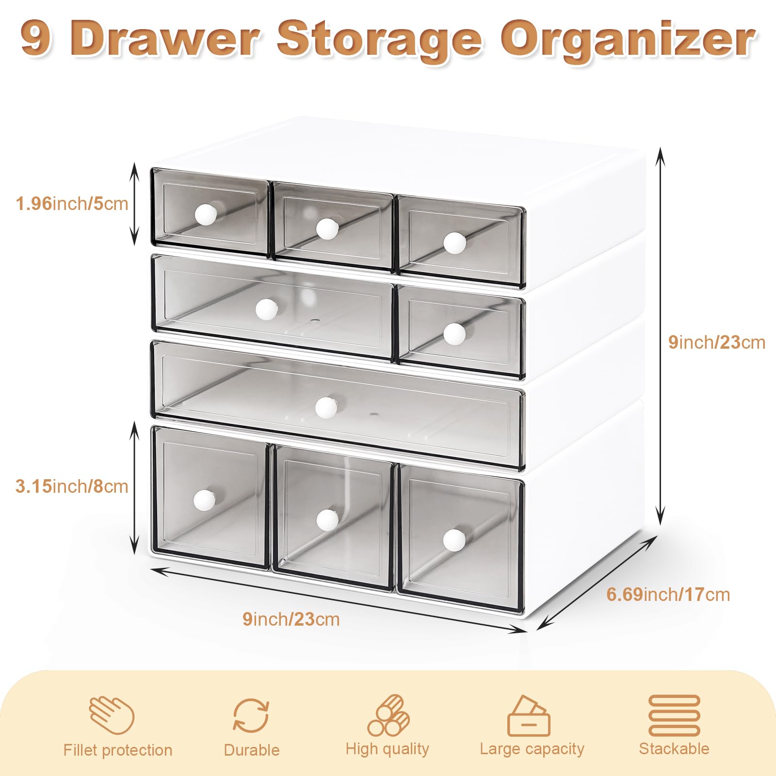 MYKASEN Desk Organizer with 9 Drawers, 4 Tier Plastic Stackable Storage Drawers for Desk Storage