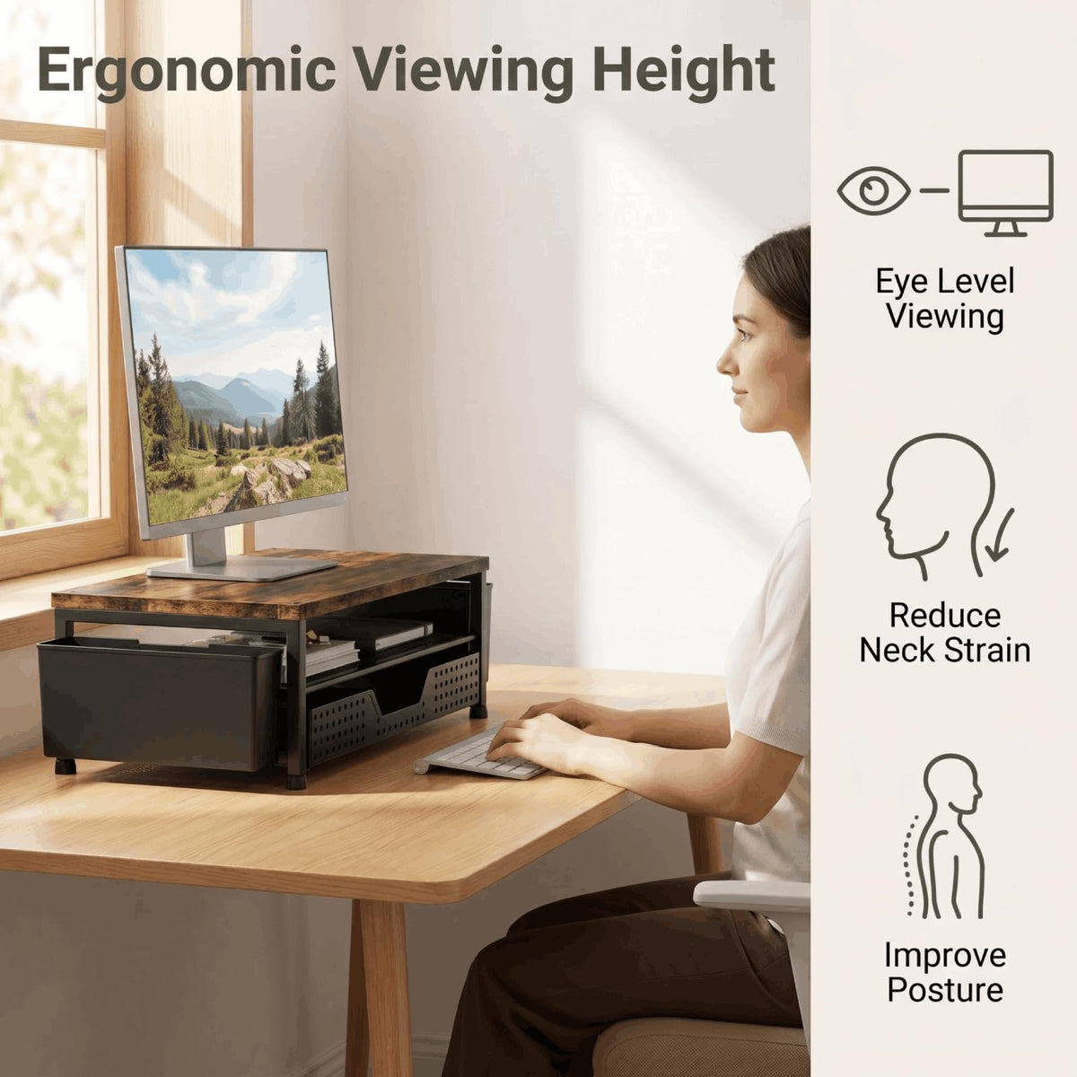 ECOLOVI Desk Organizer and Accessories, 2-Tier Computer Monitor Stand Rise with Storage Drawer & 2