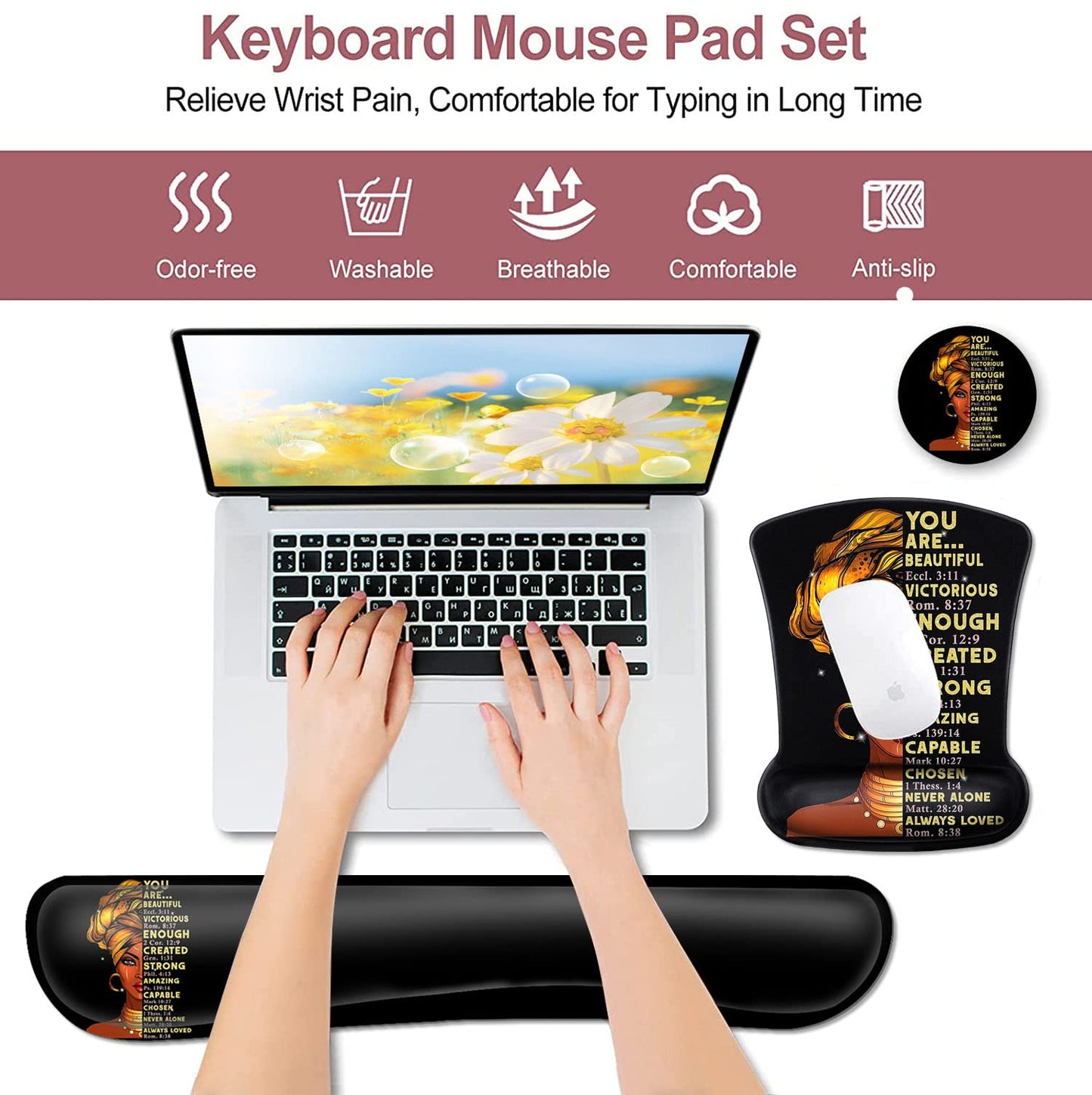 Black Mouse Pad with Stitched Edge, Non-Slip Rubber Base, African American Wall Art Black Woman