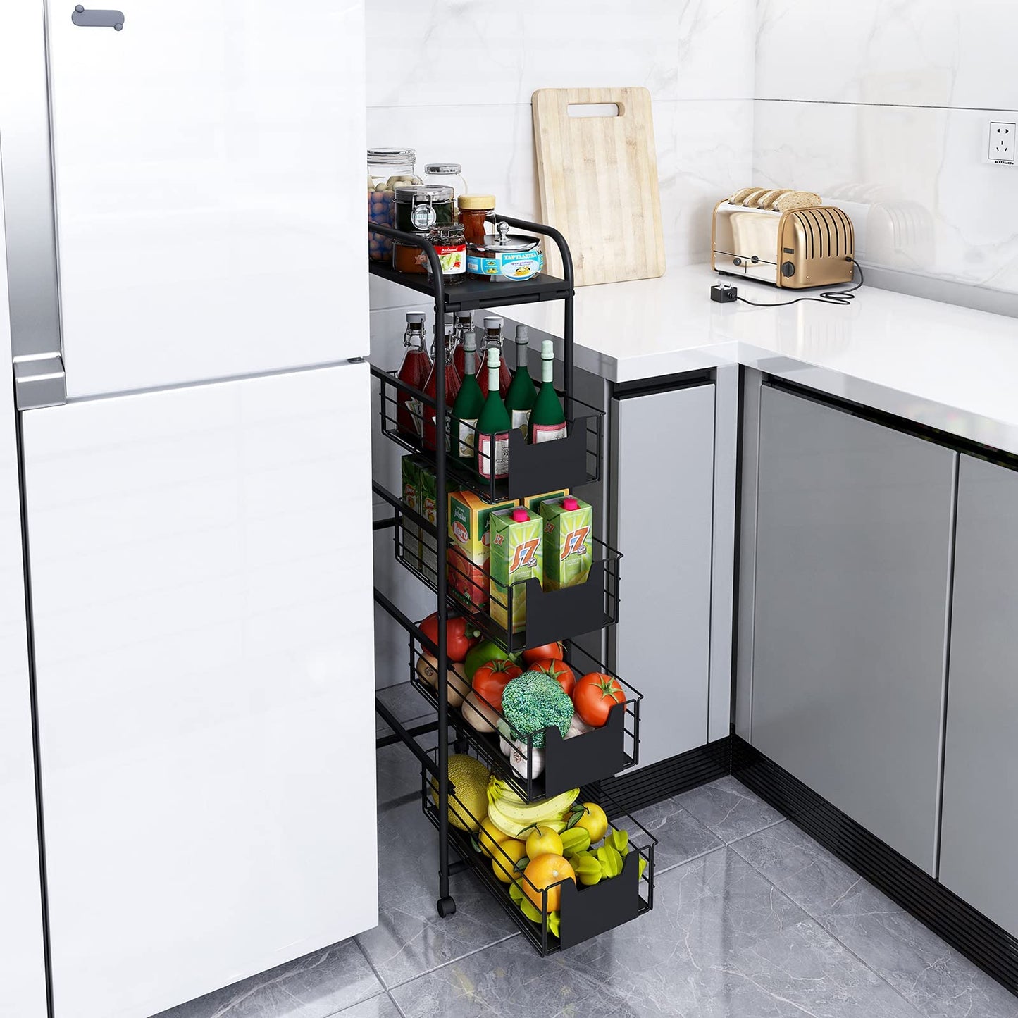 WHIFEA 5 Tier Slim Rolling Cart with Pull-Out Drawers, Multi-Layer Narrow Storage Shelf Organizer