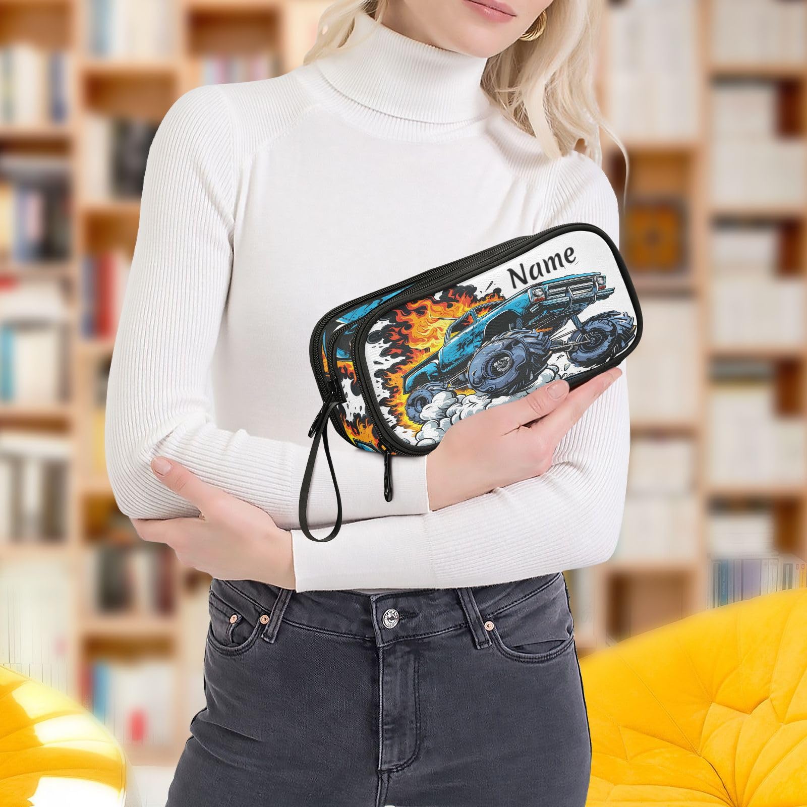 BOENLE Custom Truck Flame Pencil Case Box Boys Girls Personalized Name Large Pencil Pouch