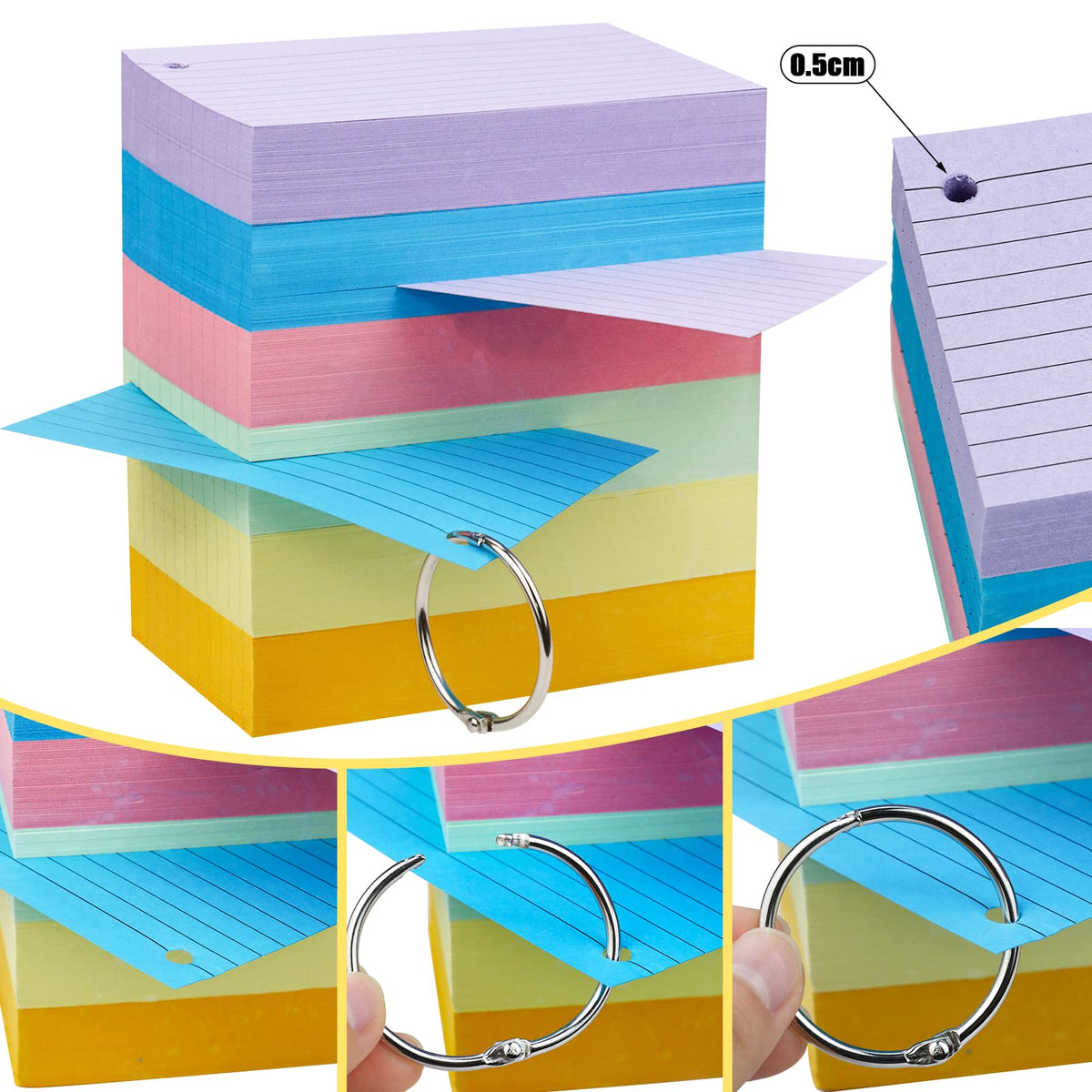 Tecmisse 600 Pieces Index Cards Rulded, Colorful Flash Cards 3 x 5 Index Card with Rings, Heavy