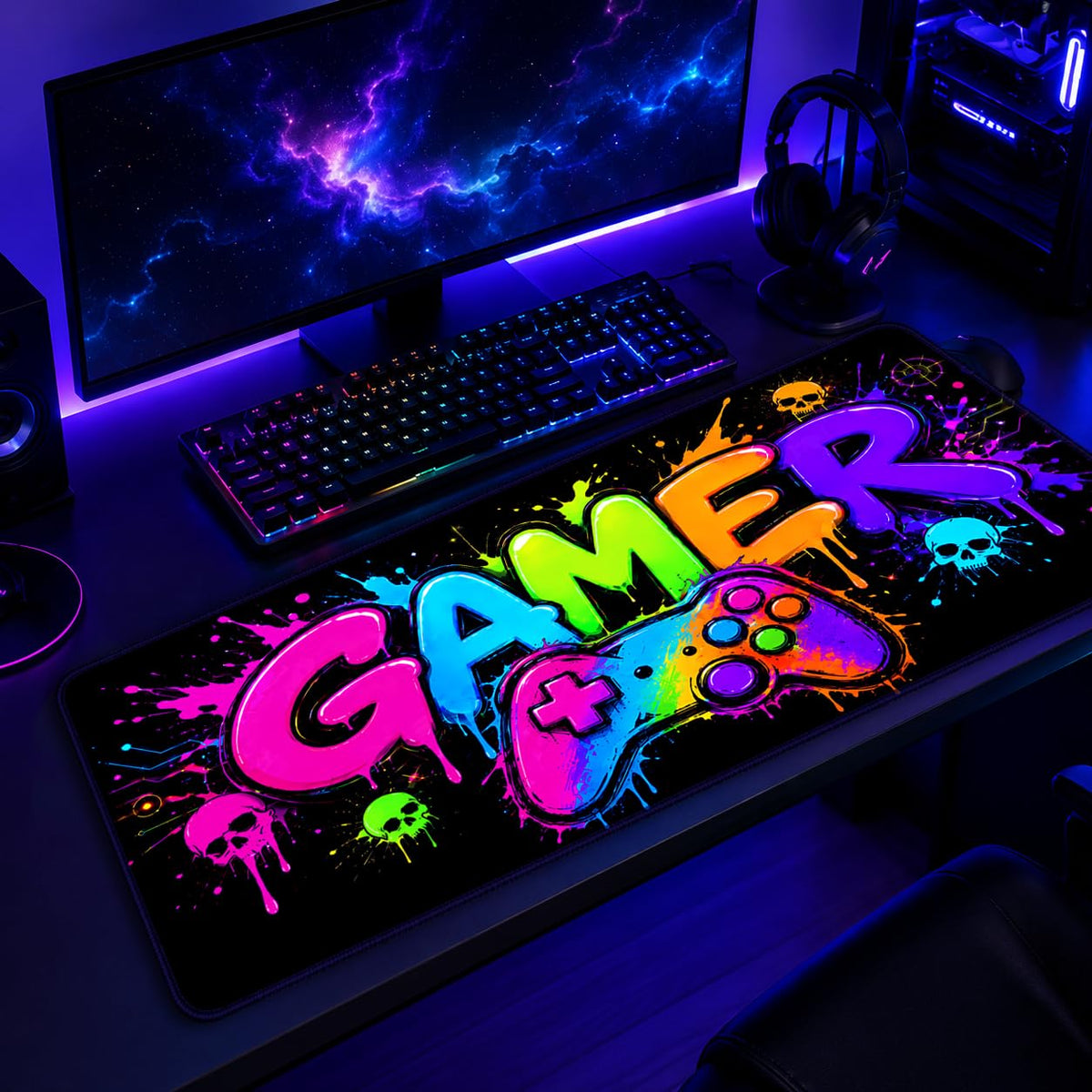 SparkLia Blacklight Gamer Graffiti Gaming Mouse Pad - 31.5" x 11.8"