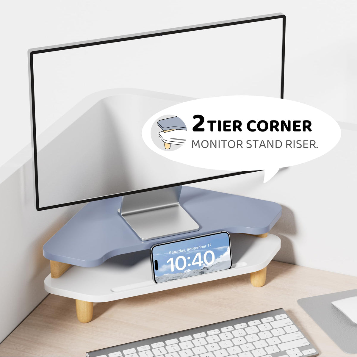 AFOOYO Monitor Stand Riser,2 Tier Corner Wood Sturdy 16.5In Computer Stand, Multi-Purpose Desktop