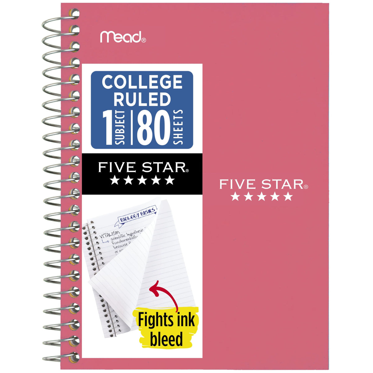 Five Star Spiral Notebook, 1 Subject, College Ruled Paper, 4-3/8" x 7", Small Size, 80 Sheets