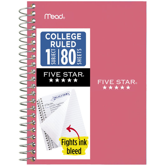 Five Star Spiral Notebook, 1 Subject, College Ruled Paper, 4-3/8" x 7", Small Size, 80 Sheets