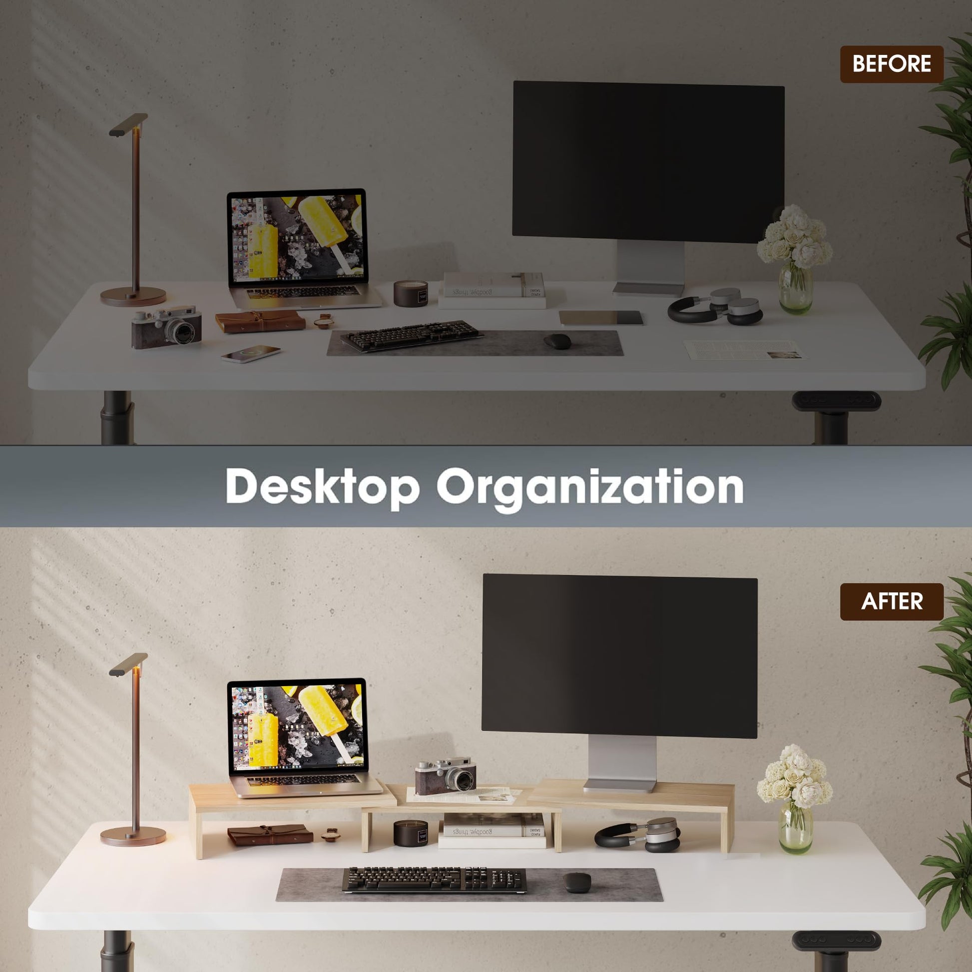 FITUEYES Dual Monitor Stand Riser, Adjustable Length and Angle, Oak