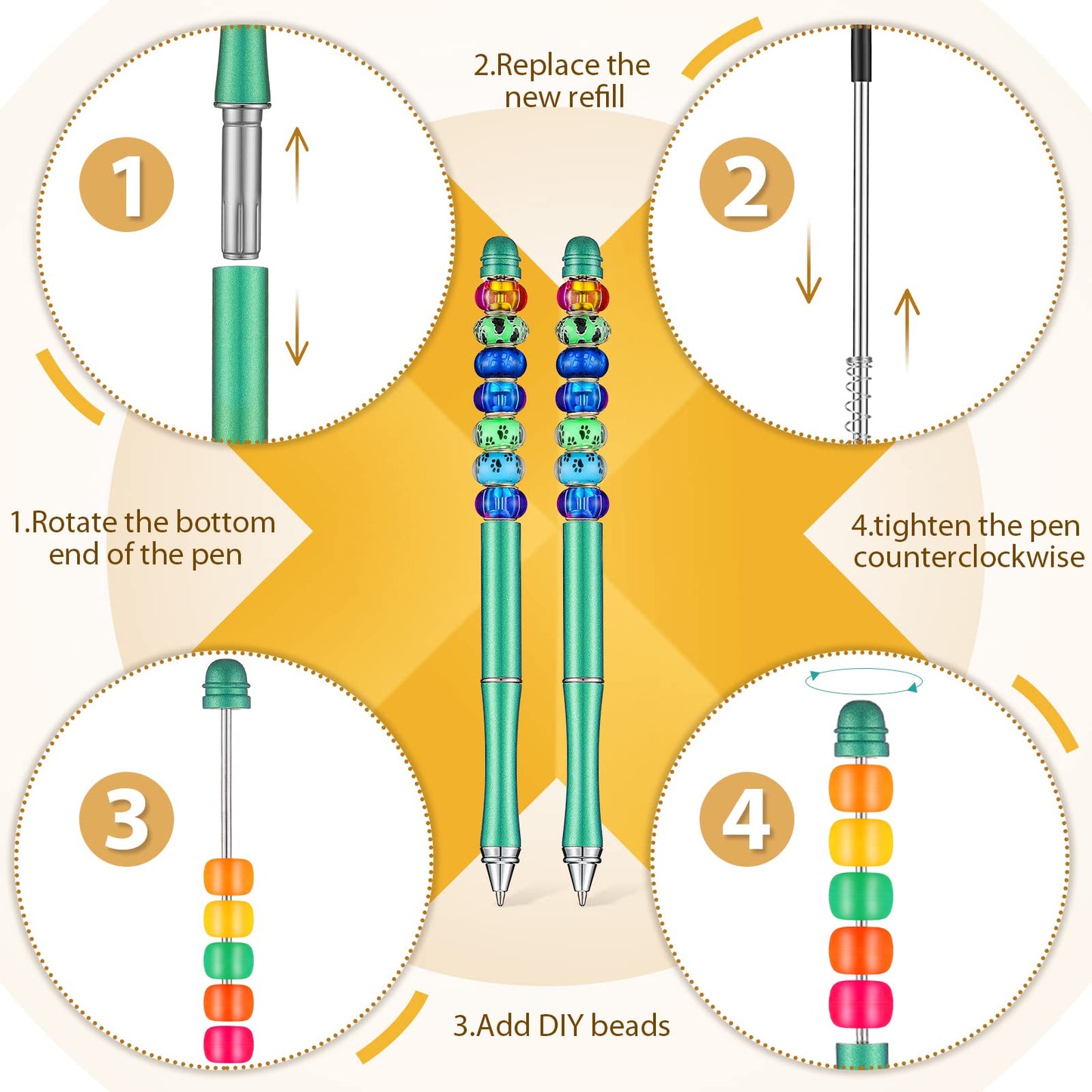 Chivao 50 Pieces Metal Beadable Pens Bulk Beaded Pens Black Ink Ballpoint with Refills Assorted