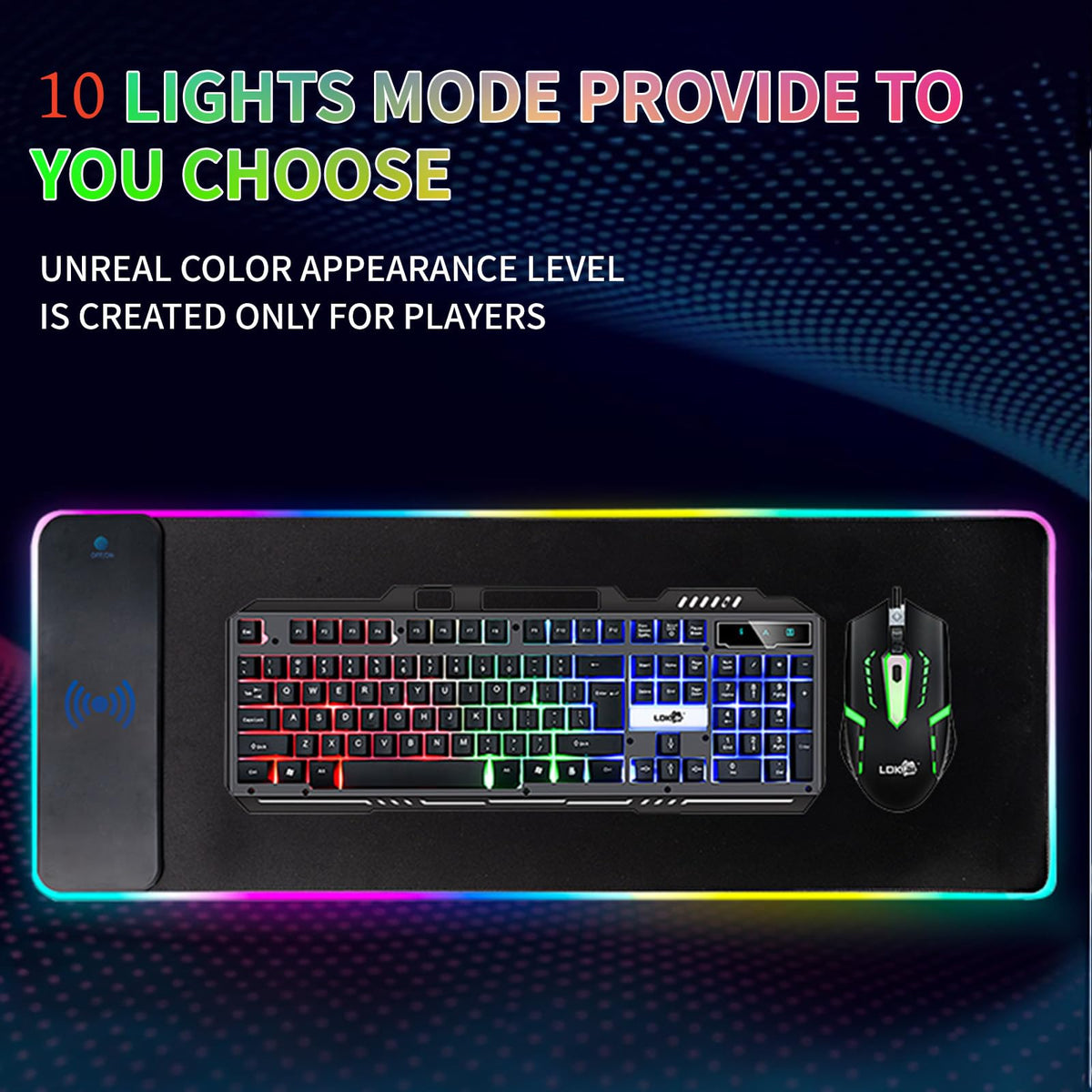 RGB Gaming Mouse Pad with Wireless Charging 15W, LED Mouse Mat 31.5 * 11.8 in, 10 Light Modes Extra