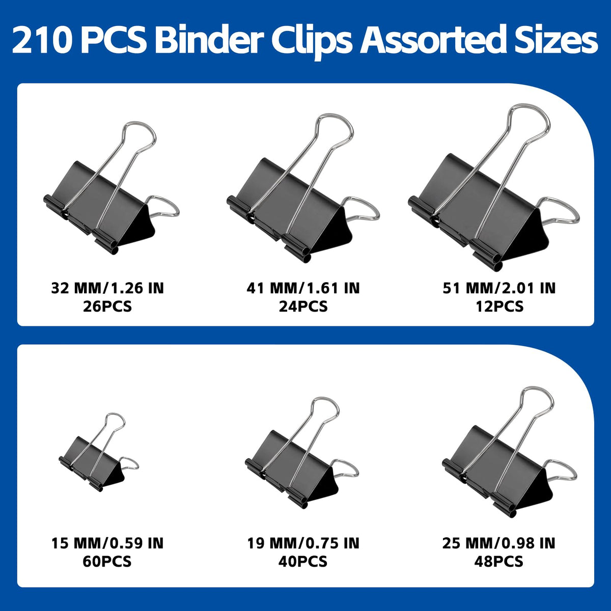 BainGesk 210 Binder Clips, 6 Assorted Sizes, Black Metal Paper Clamps