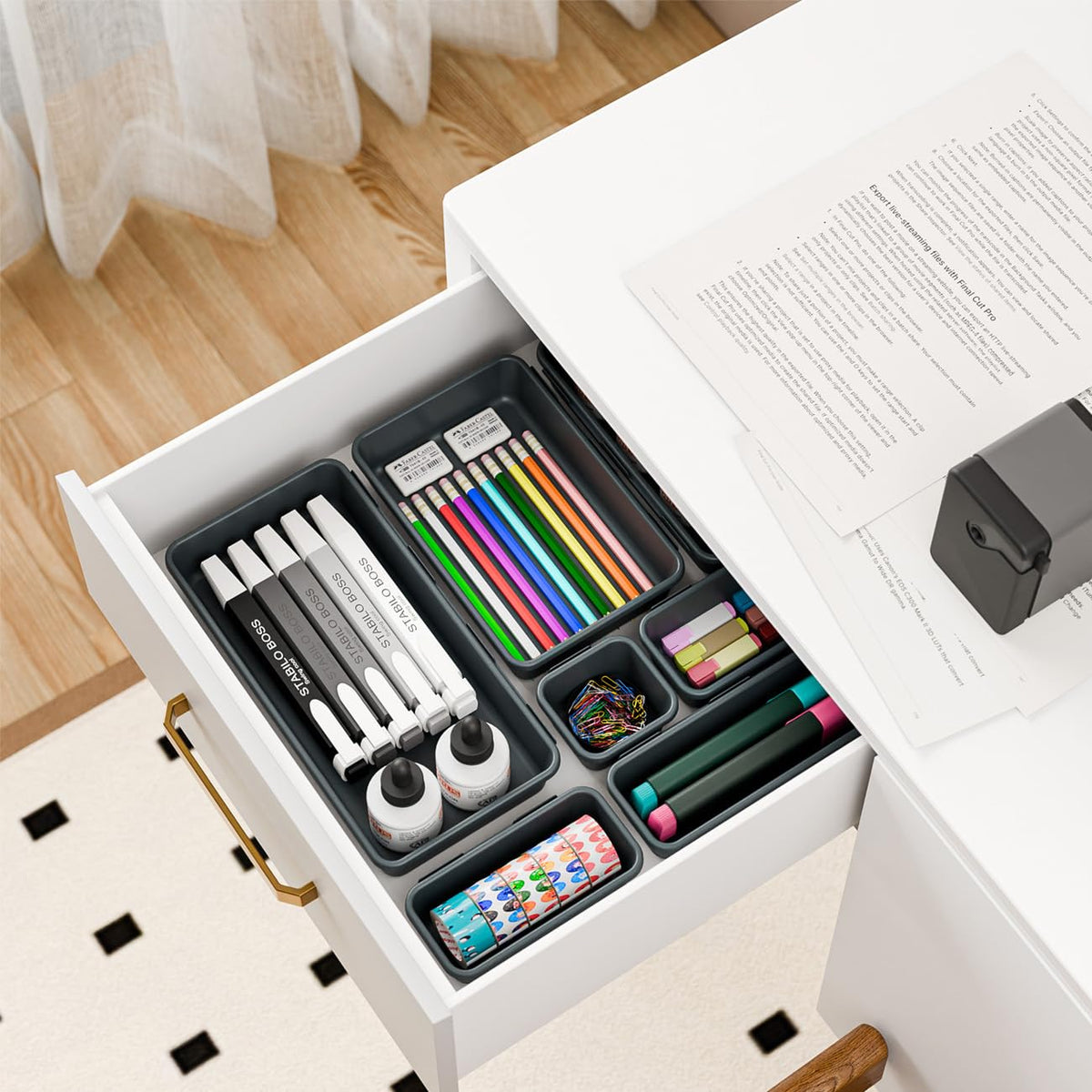 BYCY 38PCS Interlocking Desk Drawer Organizer Tray Divider Set, Plastic Black Desk Organizer