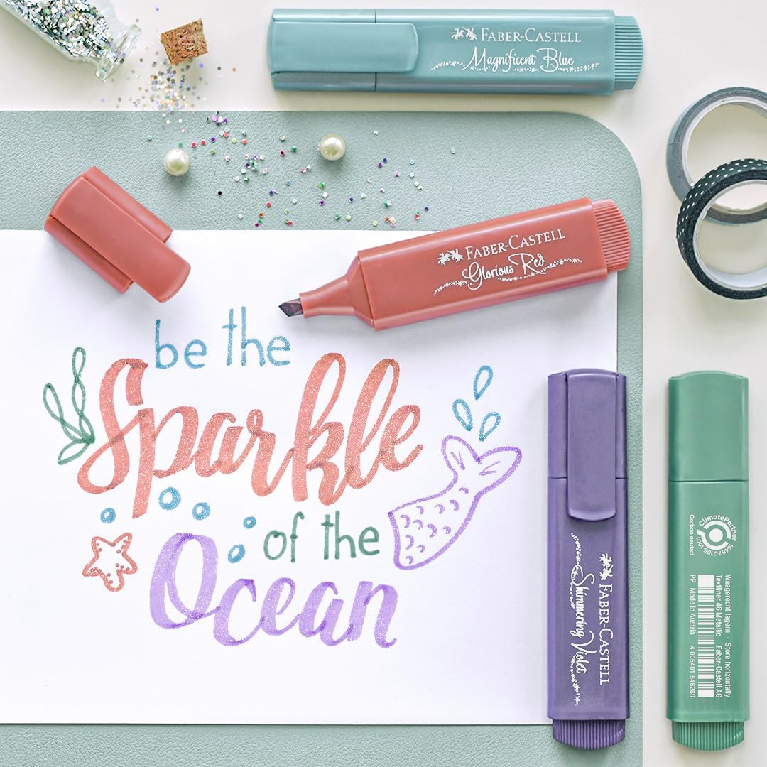 Faber-Castell 254674 Metallic Highlighter Pens with Precision Chisel Tip, Bright Metallic Colours