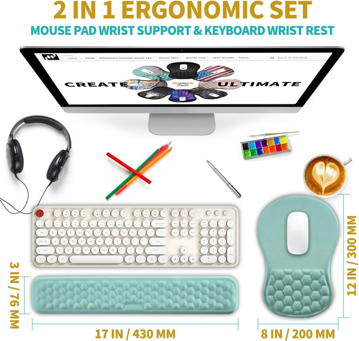 Hokafenle 2 in 1 Ergonomic Mouse Pad Wrist Support & Wrist Rest for Computer Keyboard Set, with
