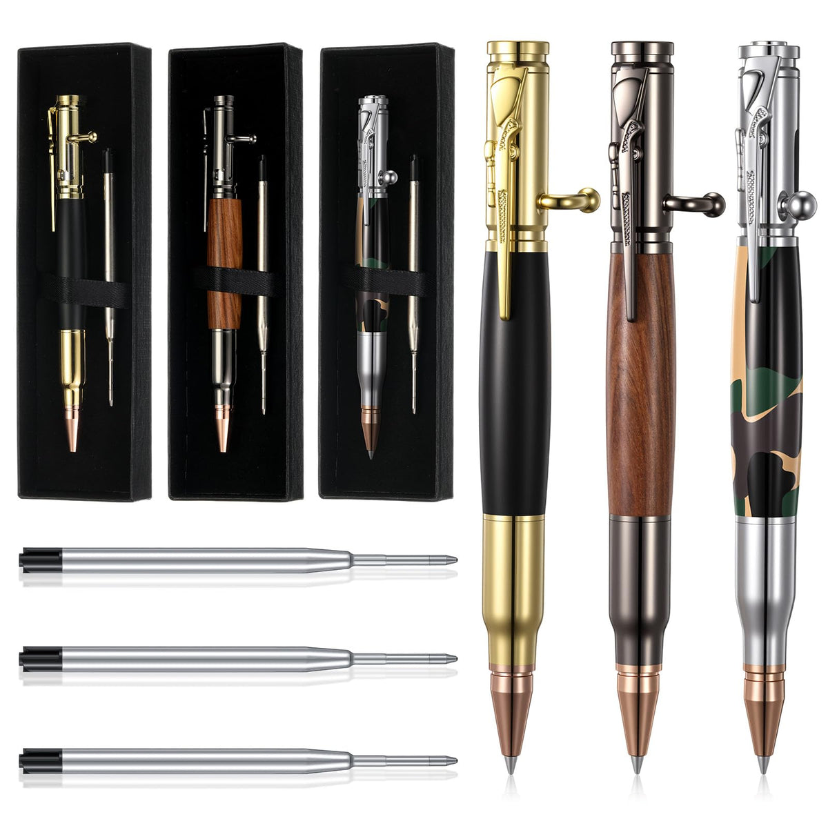 Crtiin 3 Sets Bolt Action Bullet Pens, Gift Boxed,Black Camouflage Gold