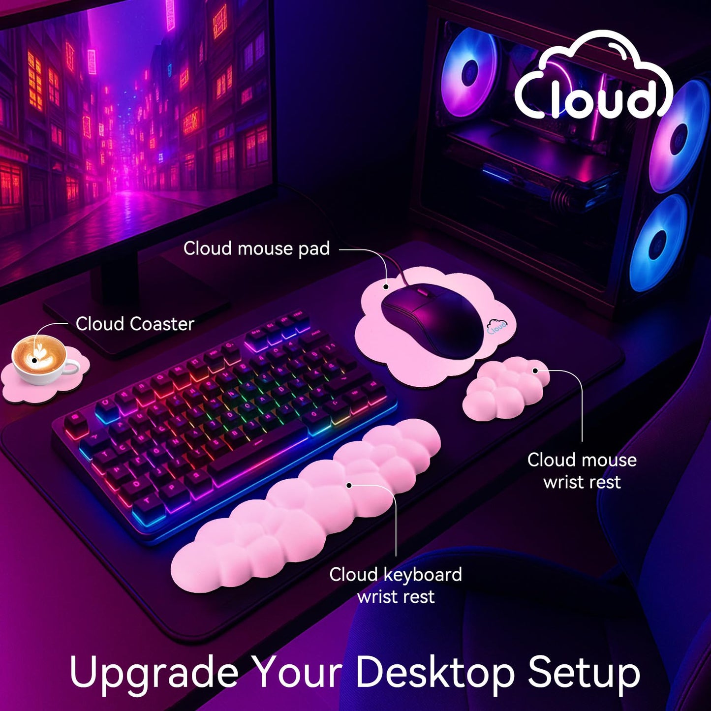 Sushret Cloud Wrist Rest for Computer Keyboard and Mouse Pad Set, Pink