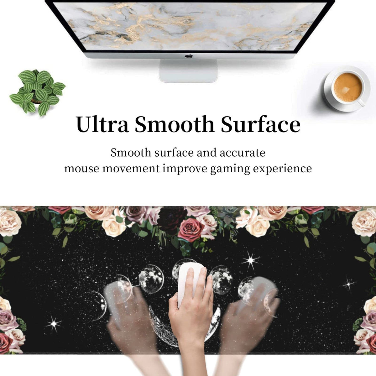 Pale Roses Moon Phase Witchy Tarot Black XXL XL Large Gaming Mouse Pad for Desk, Non-Slip Long
