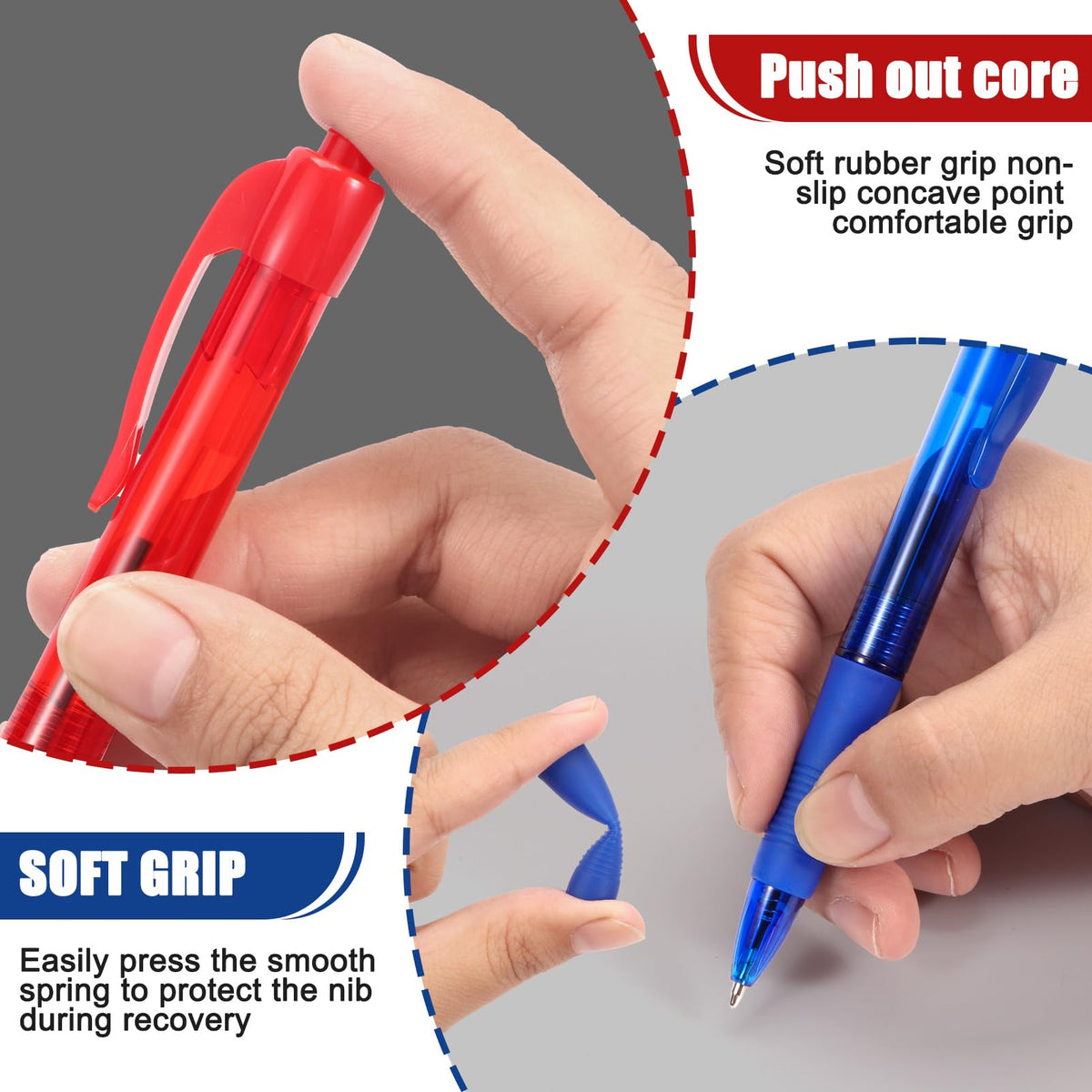 deegtran Pens Bulk, 50 Pack No Bleed Blue & Red Ink Click Pens with Soft Grip, Wholesale