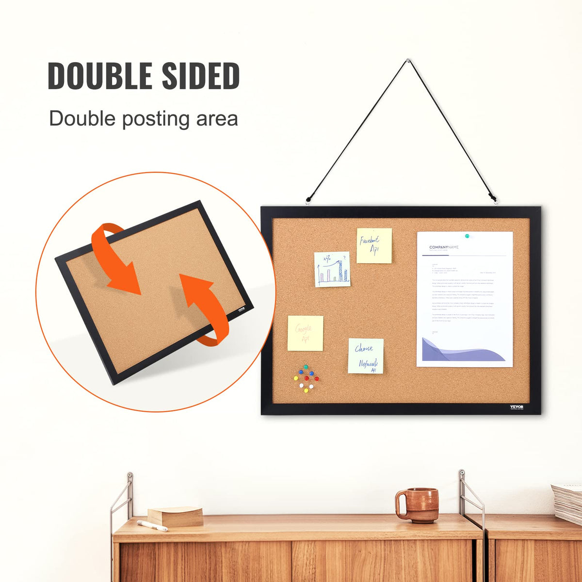 VEVOR Cork Board for Walls, Double-Sided Cork 24" x 18" Bulletin Board Vision Board, Push Pin Board