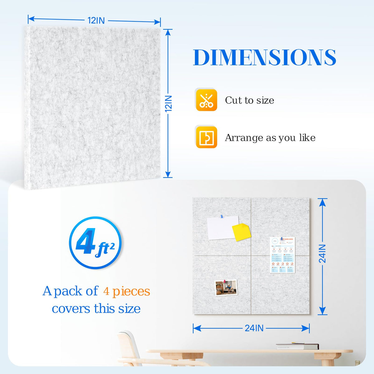 DOLLAR BOSS Felt Cork Board Tiles 4 Pcs 12"x12" Bulletin Board, Light Grey