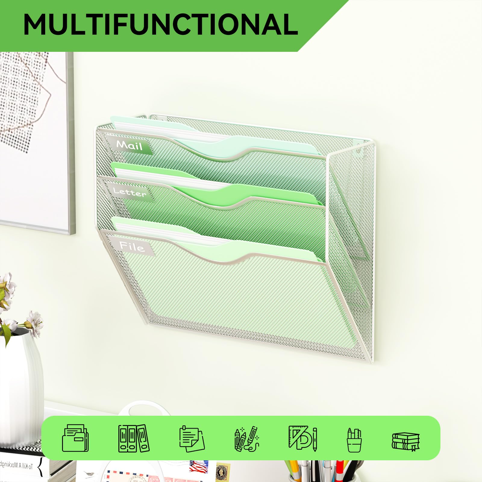 GDINDINFAN 3 Pockets Hanging Wall File Organizer Mail Holder, Wall Mounted Paper Document Folder