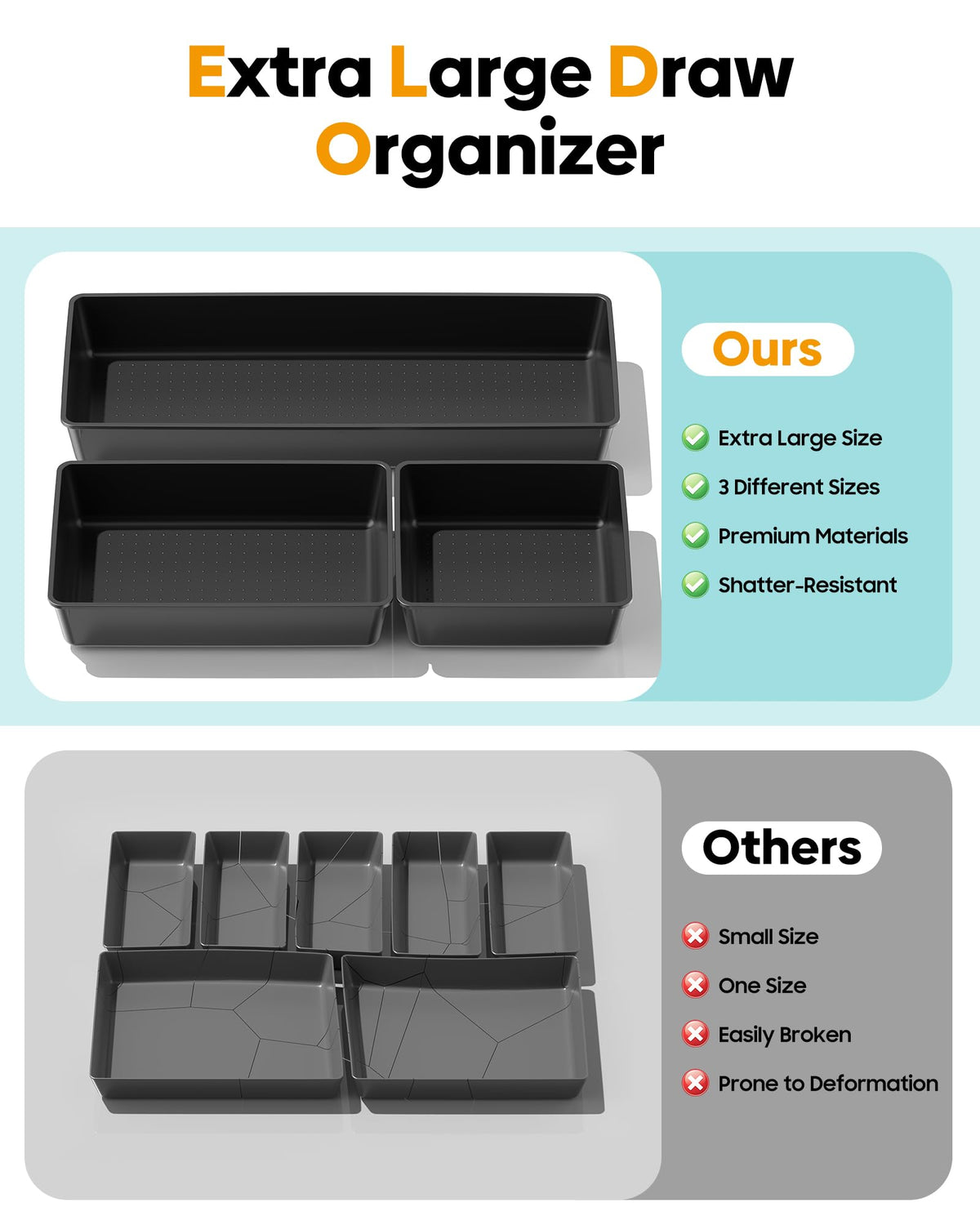MLIKLU 10 Pack Large Size Plastic Drawer Organizers Set, 3 Sizes Desk Drawer Organizer Trays