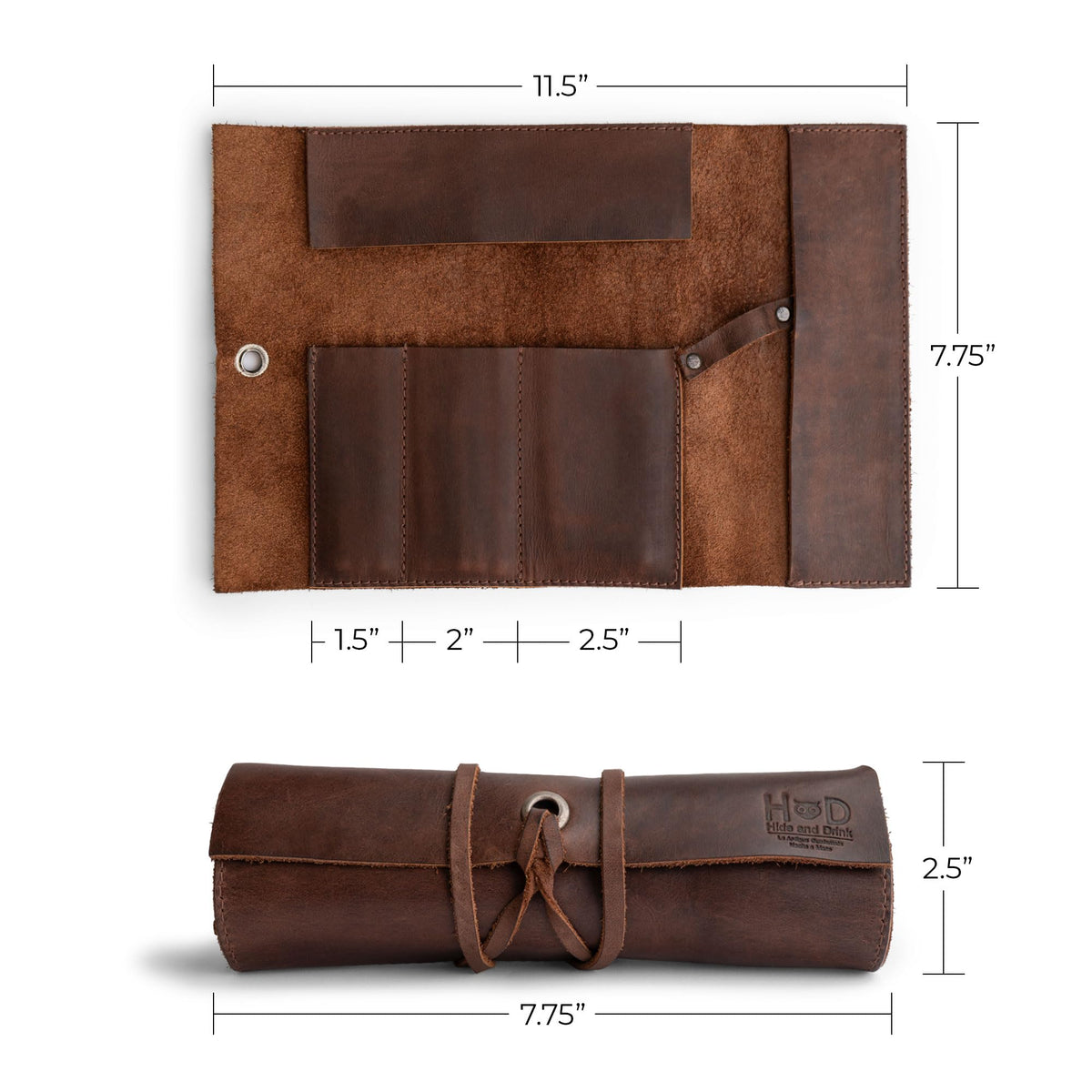 Hide & Drink, Rustic Leather Pencil Roll Pouch, Multi-Purpose Storage Wrap for Scissors, Earphones