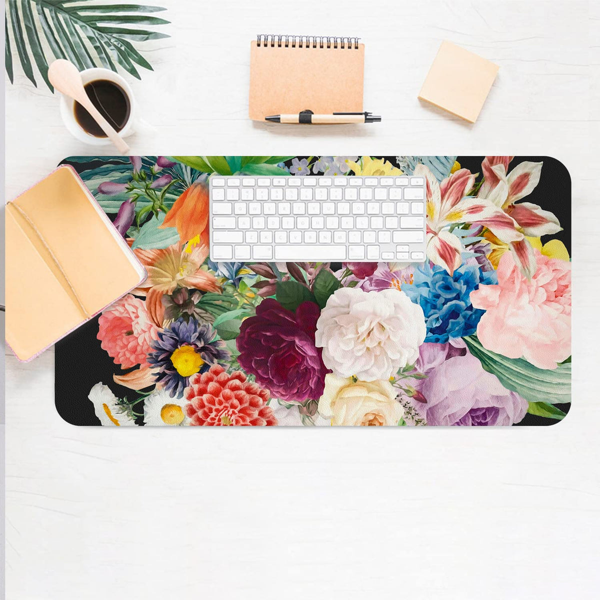 Floral Desk Mat, Large Non-Slip PU Leather Desk Pad, Bouquet 31.5"x15.7"
