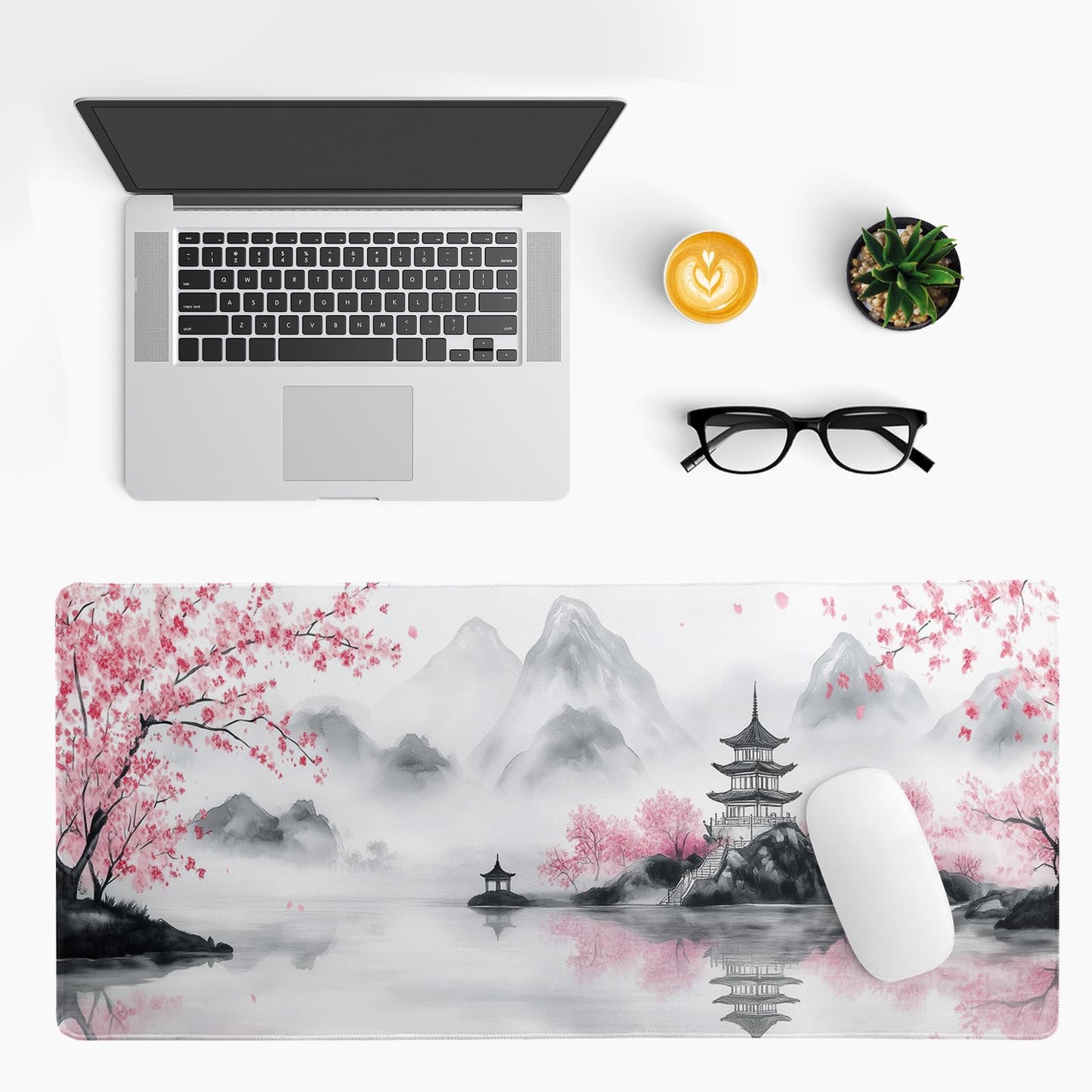 Pagoda Mouse Pad 31.5x11.8 Inch White Full Desk Japanese Mousepad Extended Large Non-Slip Rubber