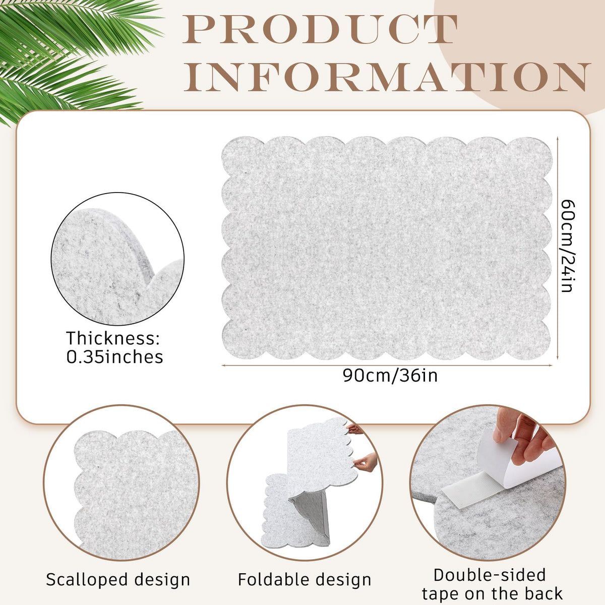 Mooliwe Scalloped Felt Bulletin Cork Board Foldable Light Gray 36 * 24 Inch