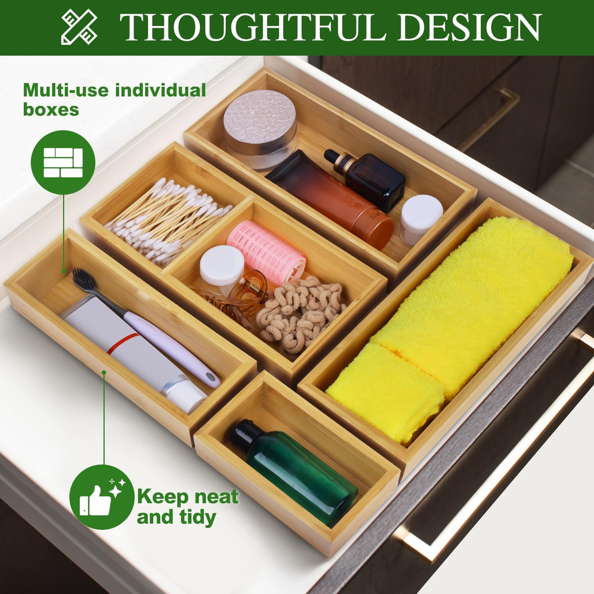 MapleGrace Bamboo Drawer Organizer Set, Individual Wood Storage Organizers