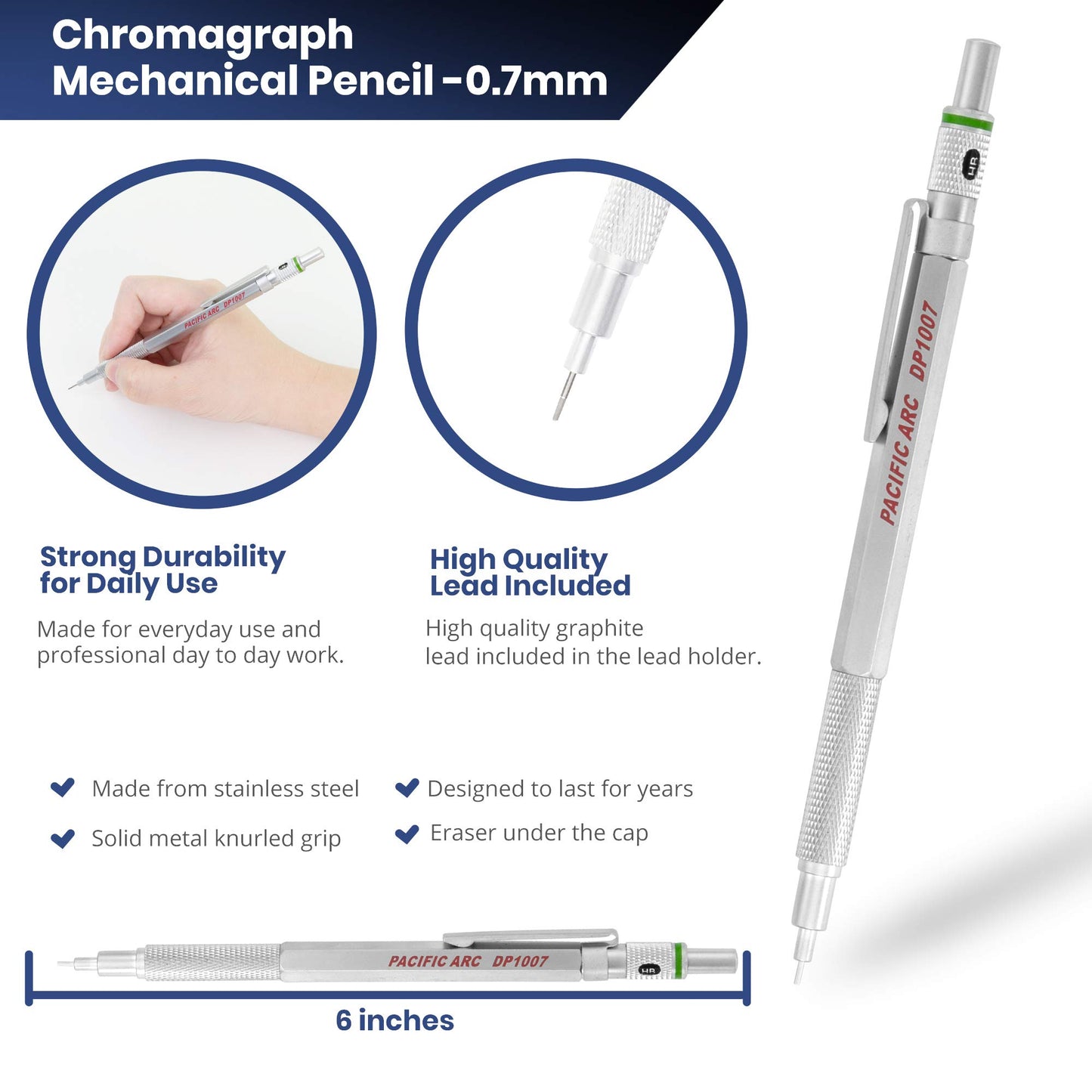 Pacific Arc Chromagraph Metal Mechanical Pencil .7 mm Silver Barrel Mechanical Pencil with Built In