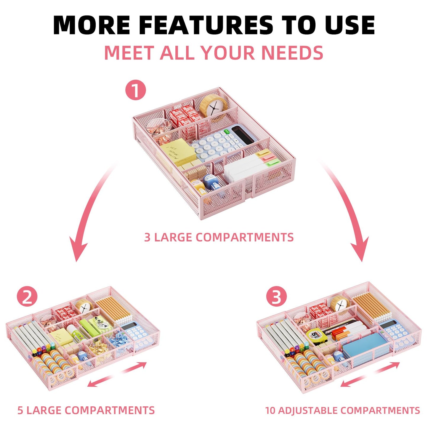 Marbrasse Expandable Desk Drawer Organizer, Mesh Tray with 10 Adjustable Compartments, Desk