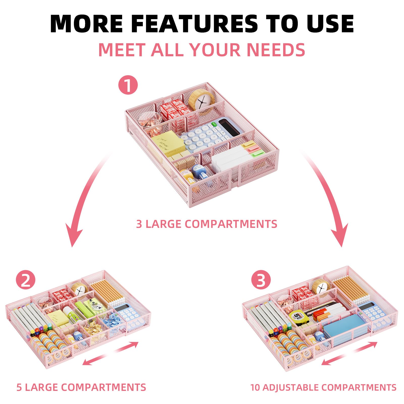 Marbrasse Expandable Desk Drawer Organizer, Mesh Tray with 10 Adjustable Compartments, Desk