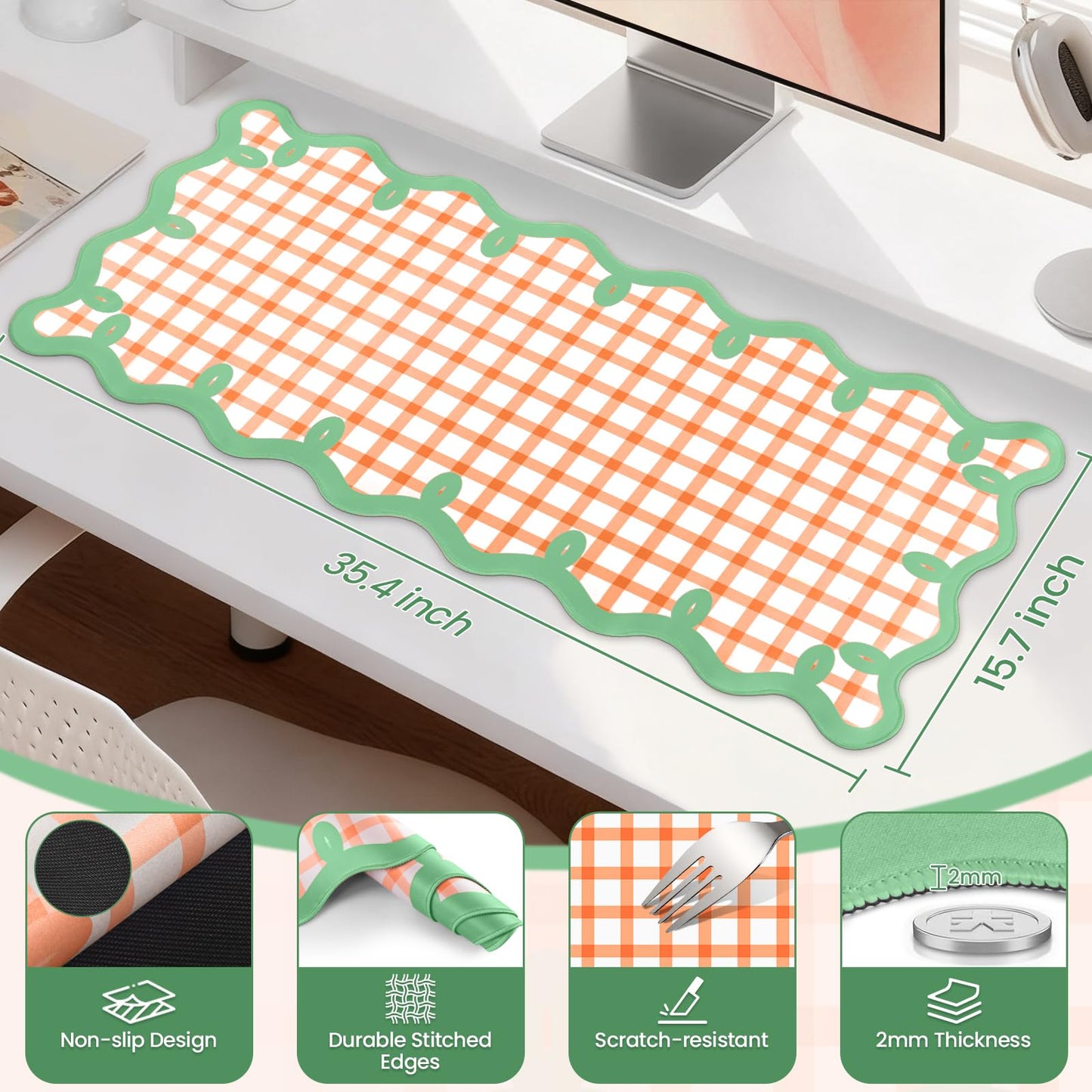 ARTSO Orange Green Desk Mats, XXL Large Checkered Mouse Pad, Computer Desk Matt for Desktop