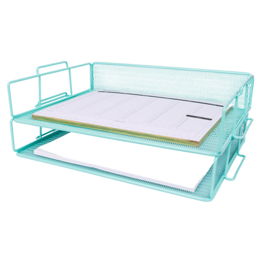 BLU MONACO Aqua Mesh Paper Tray Set of 2 | Stackable Letter Trays for Desk Storage | Metal Document