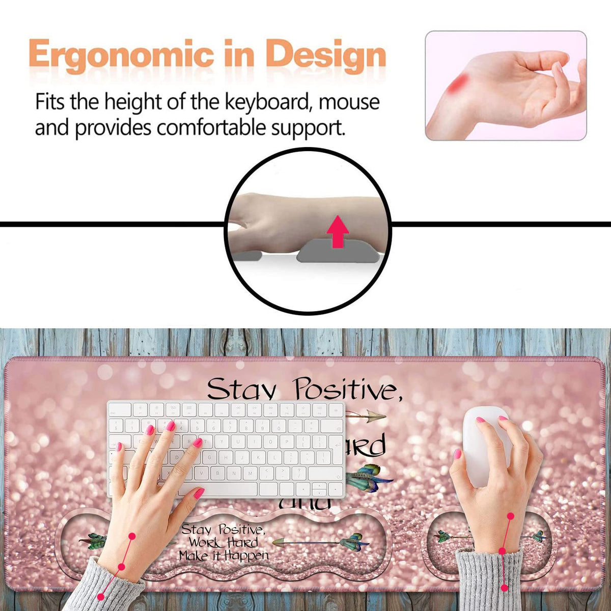 Ergonomic Keyboard Wrist Rest & Mouse Pad Wrist Rest Set, Inspirational Quote Stay Positive Work