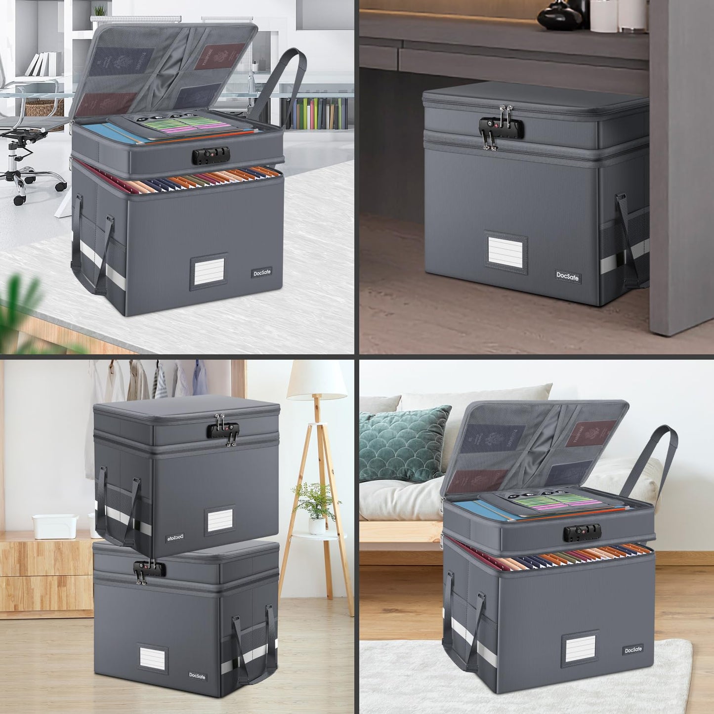 DocSafe File Box with Lock,Multi-Layer Fireproof Document Box Collapsible File Storage Organizer