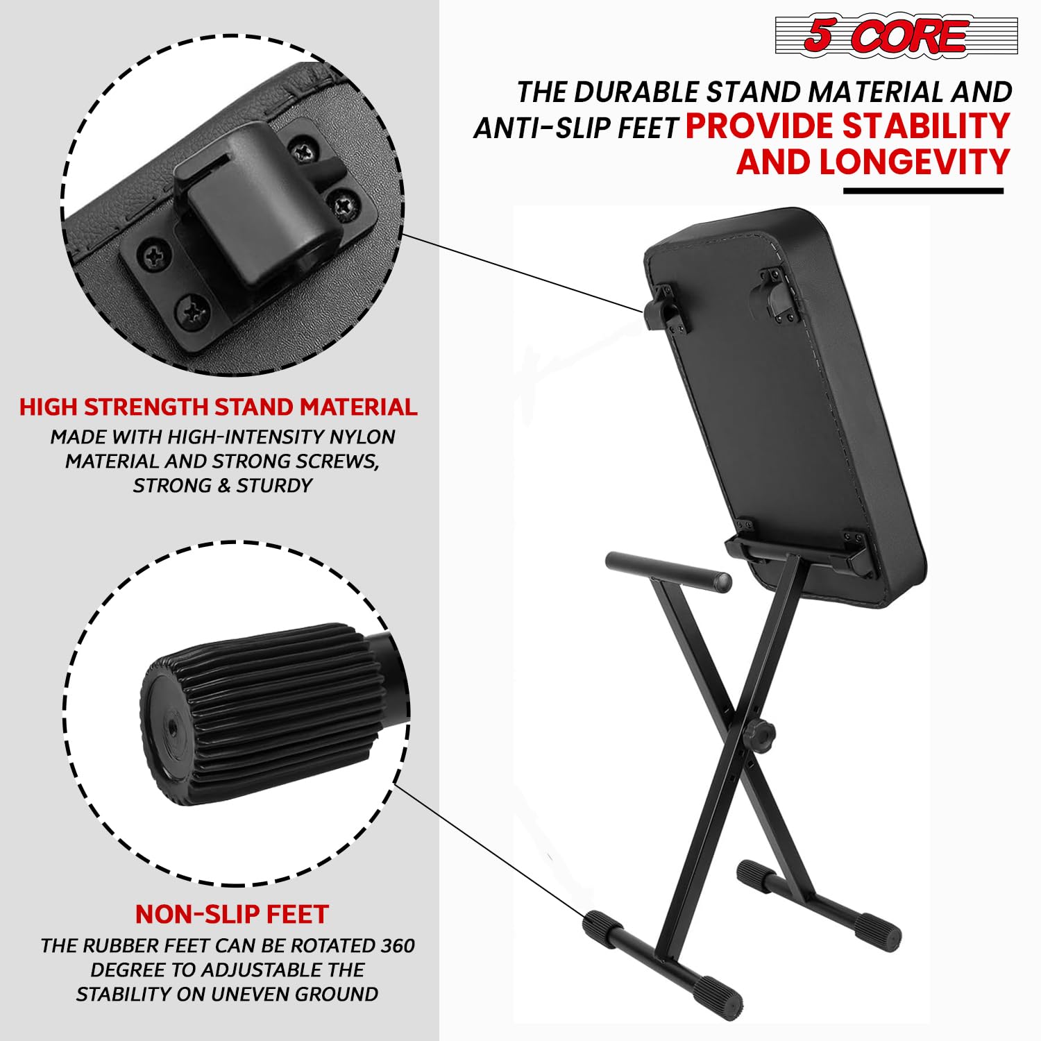 5 CORE Keyboard Bench 3 Inch Padded Cushion Adjustable 14.5" to 20.5" Piano Stool Heavy Duty