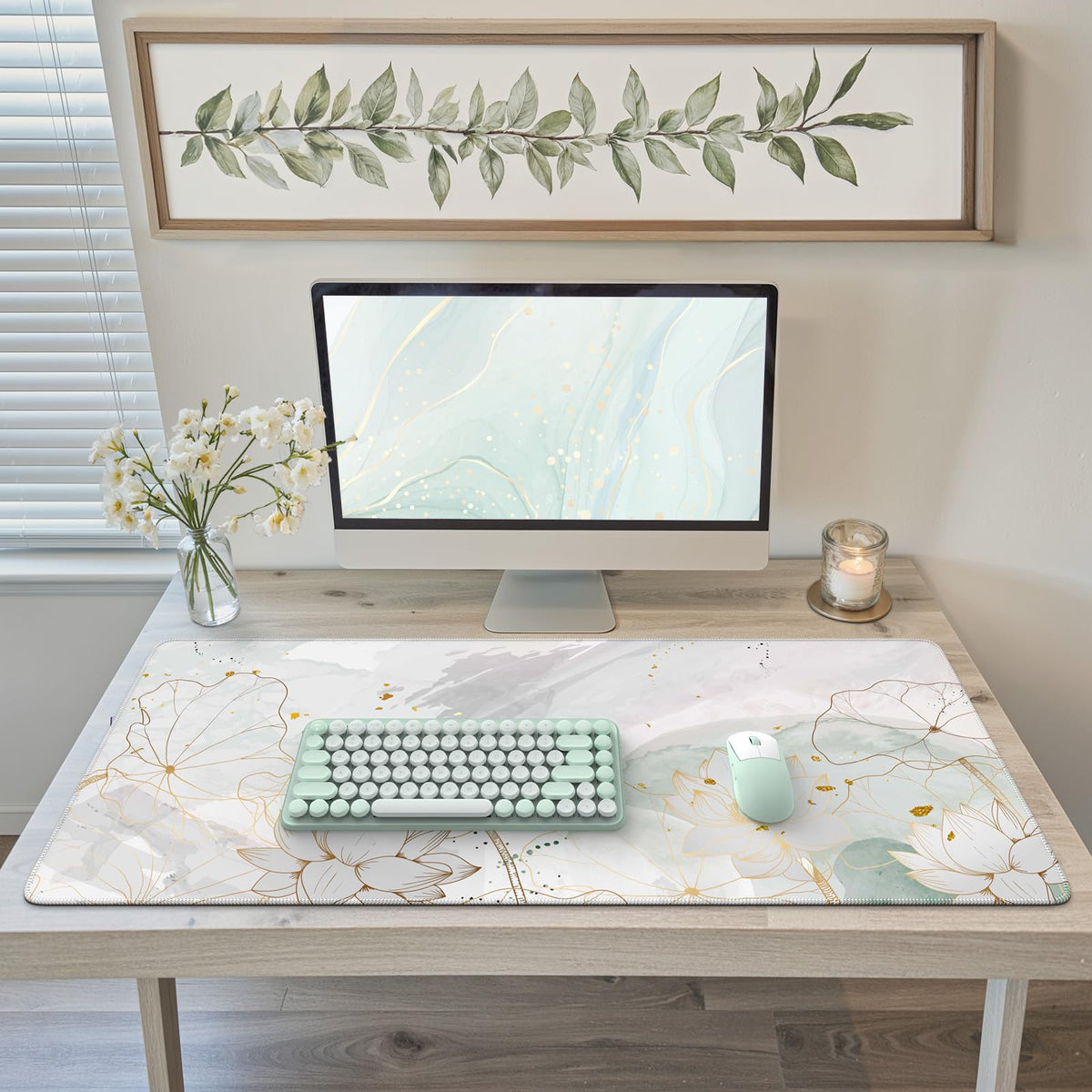 iCasso Desk Cover Mat, Extra Large Lotus Mouse Pad, Green Lotus Leaf