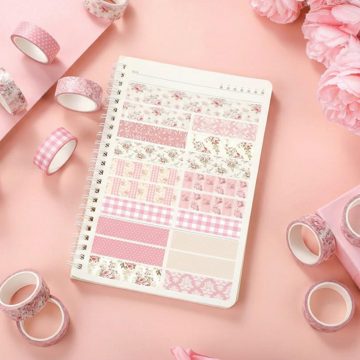 YooNotee 12 Rolls Floral Washi Tape Set,Light Pink,Polka Dots and Floral