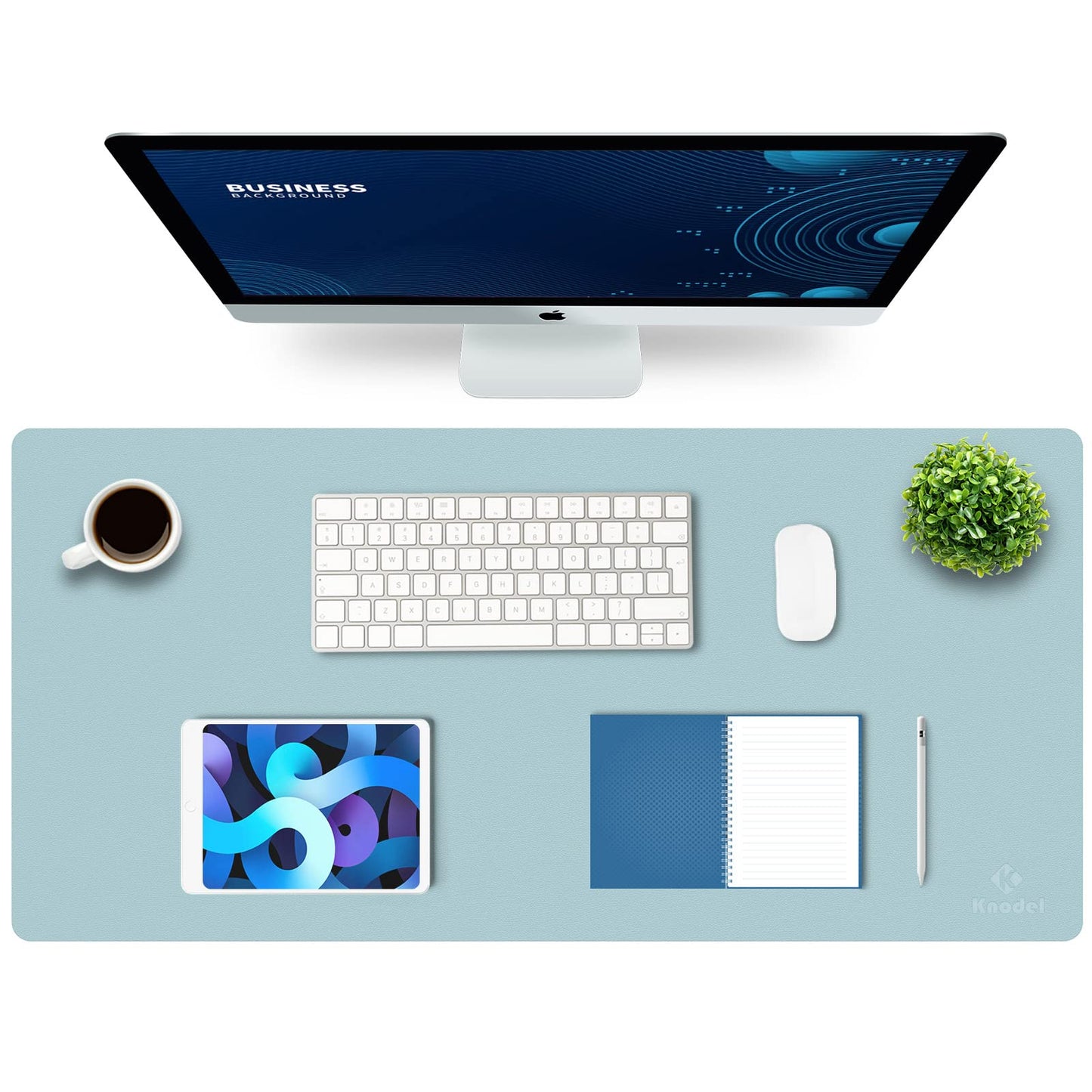 K KNODEL Extra Large Desk Mat, Leather Mouse Pad (35.4"x17", Light Blue)