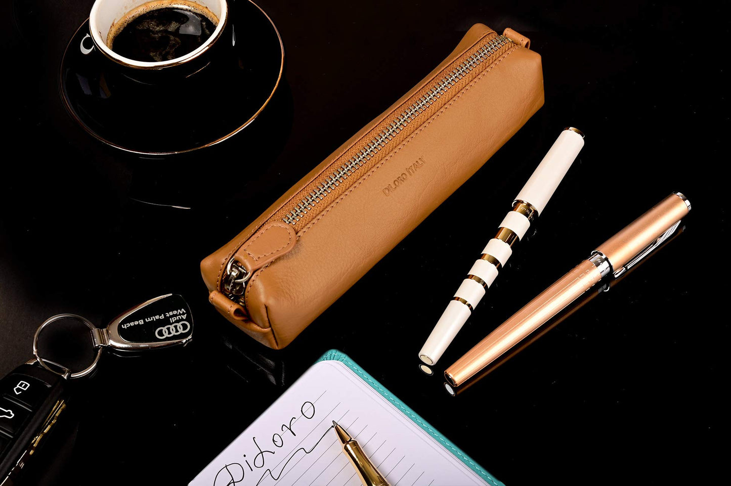 DiLoro Leather Zippered Fountain Ballpoint Rollerball Pens and Pencils Case Holder Pouch Genuine