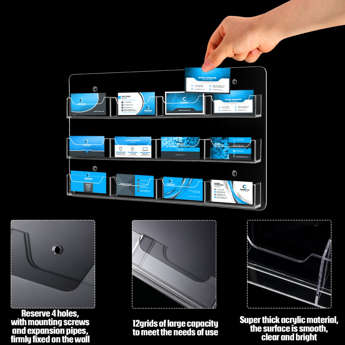 Acrylic Business Card Holder Wall Mount, 12 Pocket, 15.75'' x 10.24''