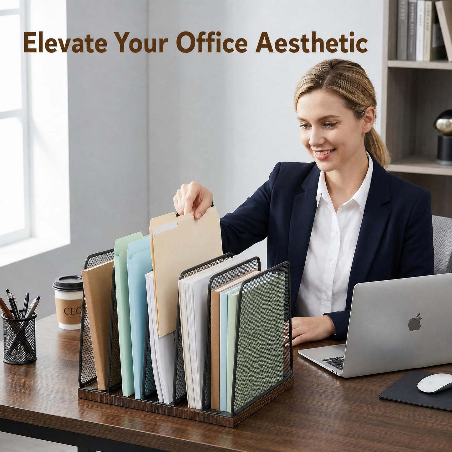 Becomrock 5-Section Vertical File Organizer for Desk, Sturdy Wood Base & Metal Mesh Desktop File
