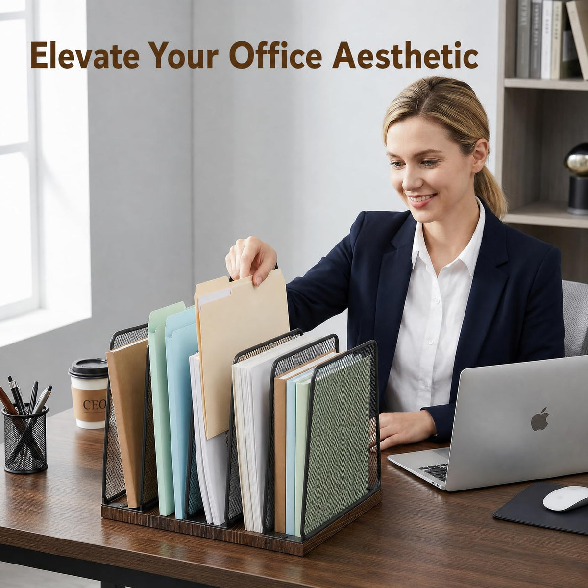 Becomrock 5-Section Vertical File Organizer for Desk, Sturdy Wood Base & Metal Mesh Desktop File
