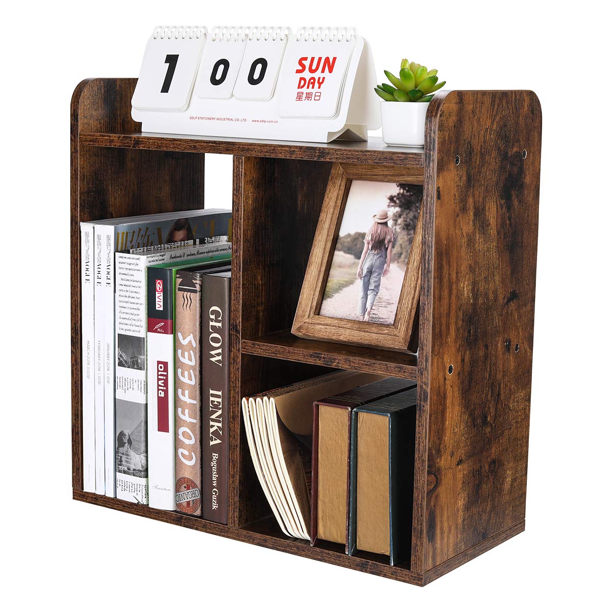 PAG-Mass Desktop Bookshelf Freestanding Wooden Countertop Bookcase Accessories Organizer Display